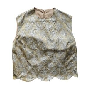 Gold Brocade Sleeveless Top Scalloped Hem Party Cocktail Blouse Vintage